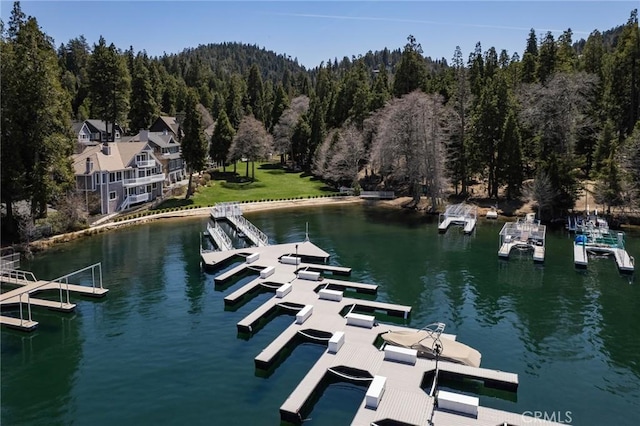 dock area with a view of trees and a water view