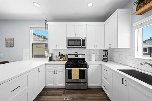 kitchen with recessed lighting, tasteful backsplash, stainless steel appliances, and a sink