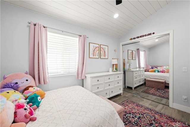 bedroom featuring recessed lighting, lofted ceiling, wood finished floors, ceiling fan, and wooden ceiling