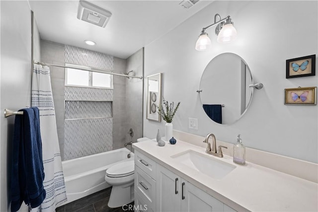 full bath featuring shower / bath combo, toilet, vanity, and visible vents