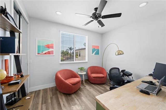 home office featuring baseboards, wood finished floors, recessed lighting, and ceiling fan