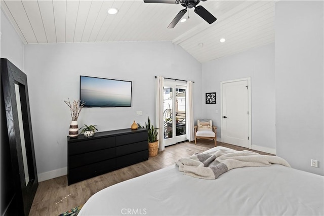 bedroom with vaulted ceiling with beams, baseboards, recessed lighting, a ceiling fan, and wood finished floors
