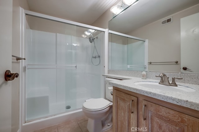 full bath featuring vanity, toilet, a stall shower, visible vents, and tile patterned flooring