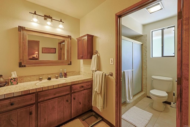 full bath with a shower stall, toilet, vanity, and visible vents