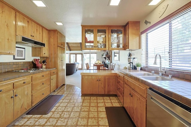 kitchen with stainless steel appliances, a sink, light floors, under cabinet range hood, and tile countertops