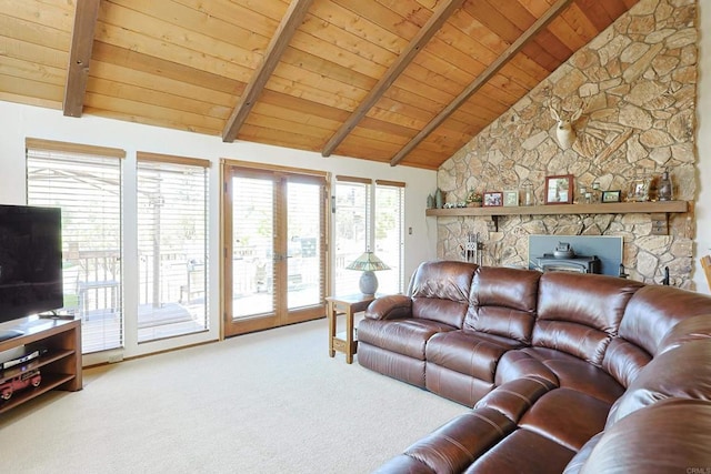 8551 Foothill Blvd, Pine Valley, CA 91962 - carpeted living area featuring wooden ceiling, a wood stove, and french doors