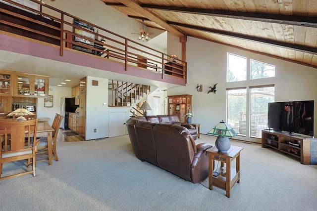 8551 Foothill Blvd, Pine Valley, CA 91962 - carpeted living room with wooden ceiling, stairway, high vaulted ceiling, beam ceiling, and a ceiling fan
