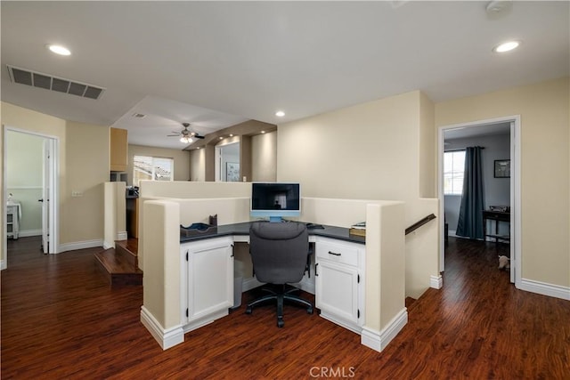 33077 Monte Dr, Temecula, CA 92592 - home office featuring dark wood finished floors, healthy amount of natural light, a ceiling fan, and recessed lighting