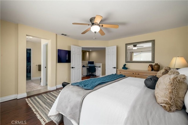 33077 Monte Dr, Temecula, CA 92592 - bedroom featuring baseboards, a ceiling fan, wood finished floors, and visible vents