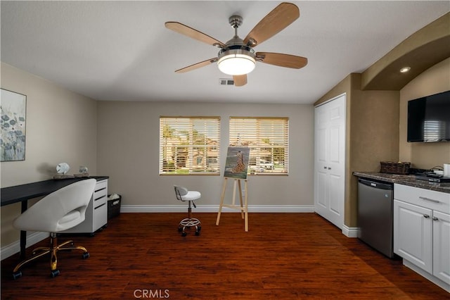 33077 Monte Dr, Temecula, CA 92592 - office featuring a ceiling fan, baseboards, dark wood finished floors, and visible vents