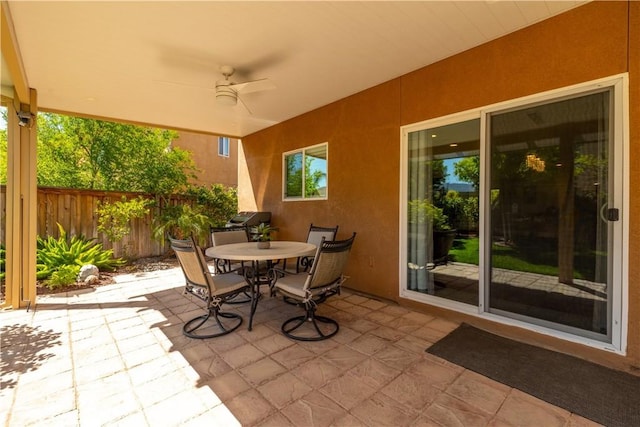 33077 Monte Dr, Temecula, CA 92592 - view of patio featuring outdoor dining area, ceiling fan, and fence