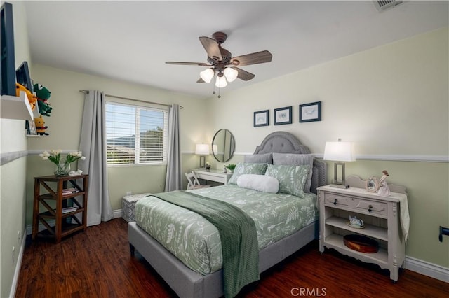 33077 Monte Dr, Temecula, CA 92592 - bedroom featuring visible vents, baseboards, ceiling fan, and wood finished floors