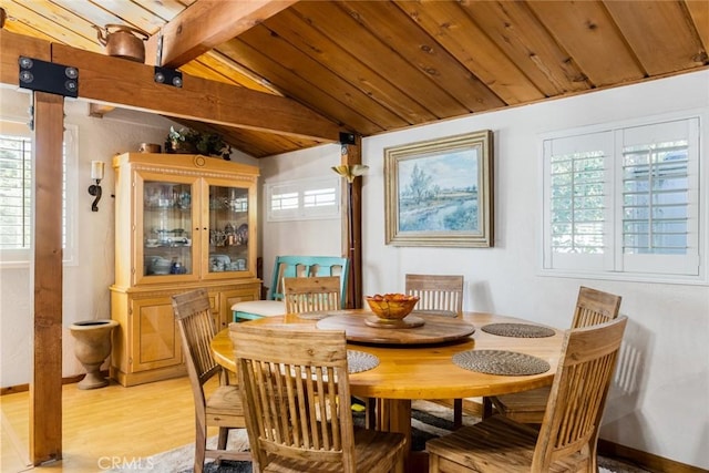 dining space featuring wood ceiling, vaulted ceiling with beams, light wood finished floors, and plenty of natural light