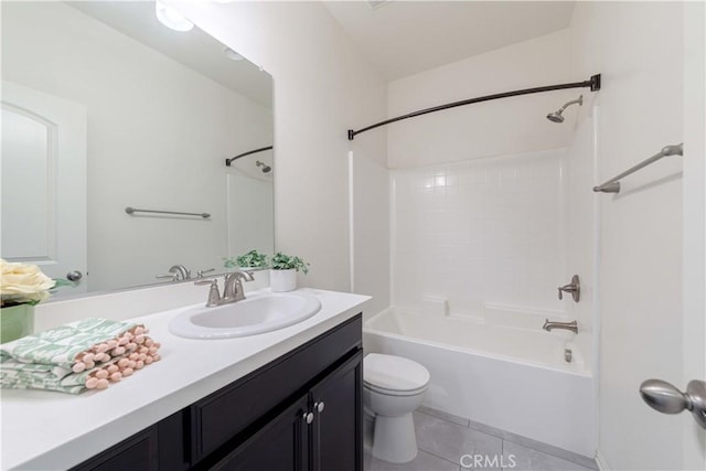 bathroom featuring toilet, shower / tub combination, tile patterned flooring, and vanity