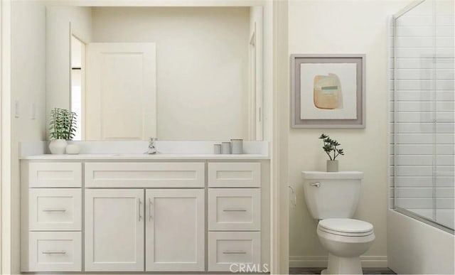full bathroom with shower / bath combination with glass door, toilet, and vanity