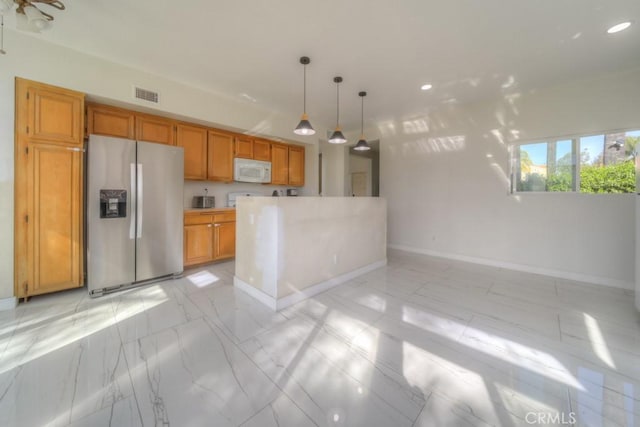10917 Breezy Meadow Dr, Moreno Valley, CA 92557 - kitchen with recessed lighting, stainless steel fridge with ice dispenser, visible vents, white microwave, and brown cabinetry
