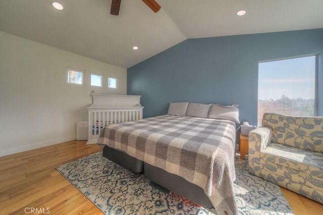 10917 Breezy Meadow Dr, Moreno Valley, CA 92557 - bedroom featuring radiator, recessed lighting, lofted ceiling, wood finished floors, and ceiling fan