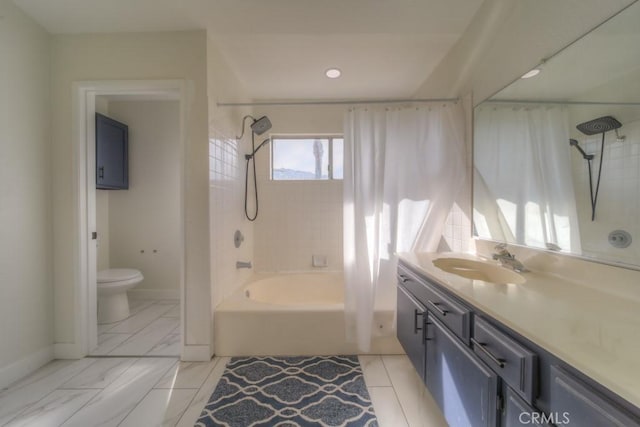 10917 Breezy Meadow Dr, Moreno Valley, CA 92557 - bathroom with vanity, toilet, baseboards, and shower / bath combination with curtain