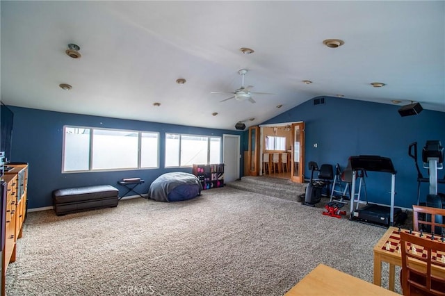 2484 Hanning Ave, Altadena, CA 91001 - rec room with carpet floors, a ceiling fan, vaulted ceiling, and baseboards