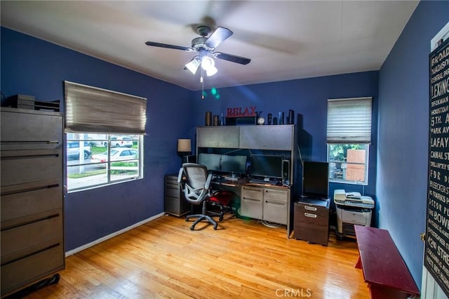 2484 Hanning Ave, Altadena, CA 91001 - office area with a ceiling fan, healthy amount of natural light, light wood-style flooring, and baseboards