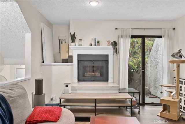 living area with a fireplace with raised hearth, wood finished floors, and a textured ceiling