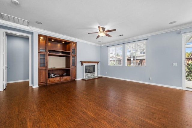 unfurnished living room featuring a ceiling fan, a fireplace with raised hearth, dark wood-type flooring, and visible vents