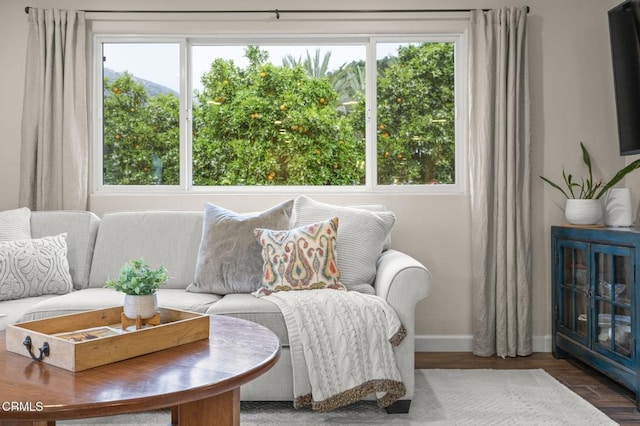sitting room featuring a wealth of natural light, wood finished floors, and baseboards