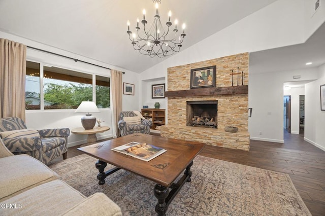 living room featuring an inviting chandelier, dark wood-style flooring, a fireplace, high vaulted ceiling, and baseboards