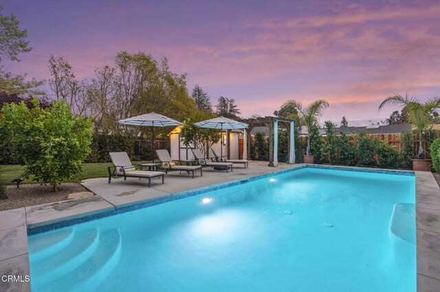 1109 Daly Rd, Ojai, CA 93023 - view of pool with a patio, a fenced backyard, a pergola, and an outdoor structure