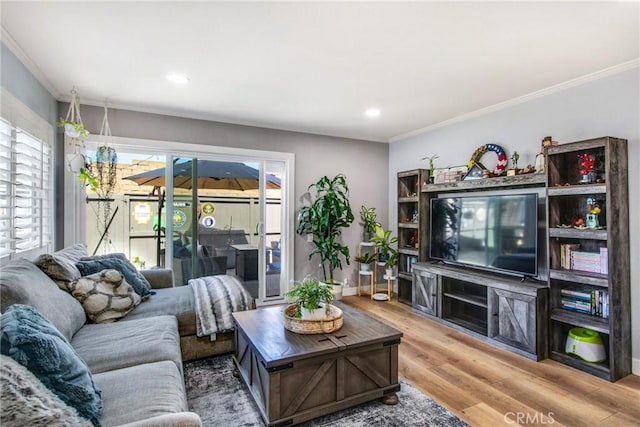 living area featuring crown molding, wood finished floors, and recessed lighting