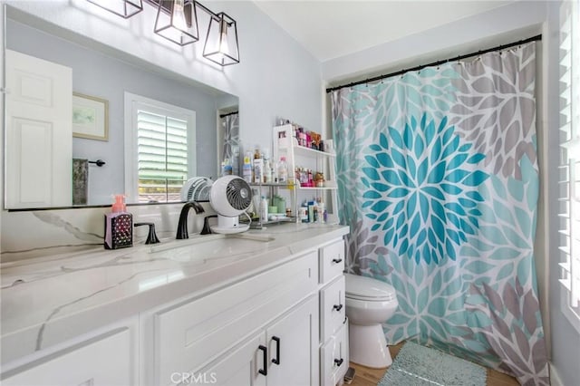 bathroom featuring curtained shower, wood finished floors, toilet, and vanity