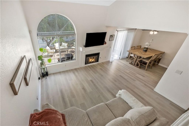 living area with a glass covered fireplace, wood finished floors, a wealth of natural light, and baseboards