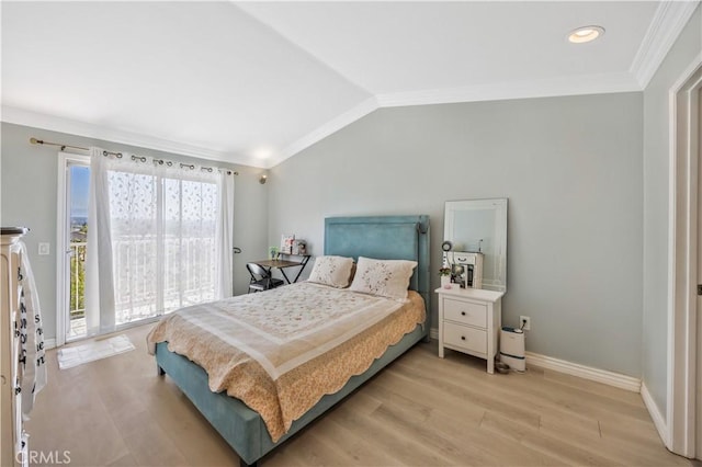 bedroom featuring light wood finished floors, access to exterior, baseboards, lofted ceiling, and ornamental molding