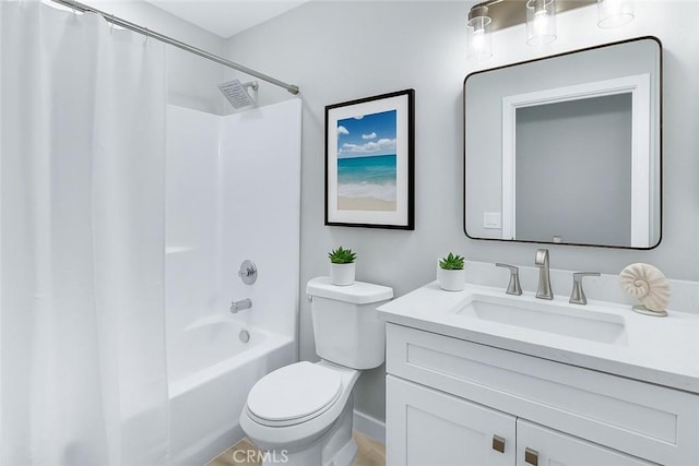 bathroom featuring toilet, vanity, and shower / bathtub combination with curtain