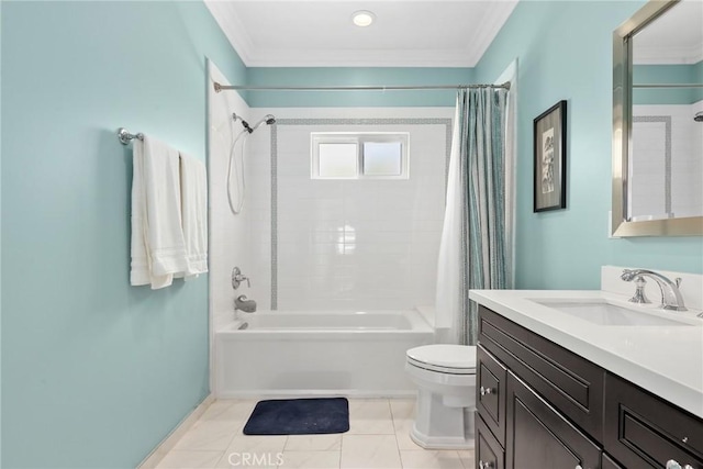 full bathroom with crown molding, toilet, shower / bath combo, and vanity