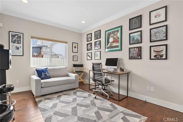 home office with ornamental molding, baseboards, wood finished floors, and recessed lighting