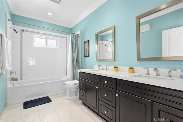 bathroom with crown molding, shower / bath combination with curtain, toilet, and double vanity