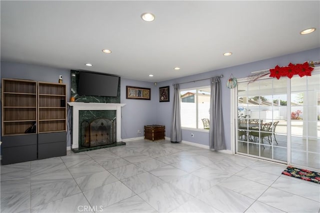 917 Brandywine Ln, Corona, CA 92880 - unfurnished living room featuring a fireplace, recessed lighting, baseboards, and marble finish flooring