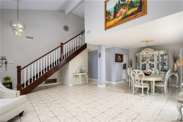 917 Brandywine Ln, Corona, CA 92880 - dining area with a chandelier, high vaulted ceiling, stairs, beamed ceiling, and baseboards
