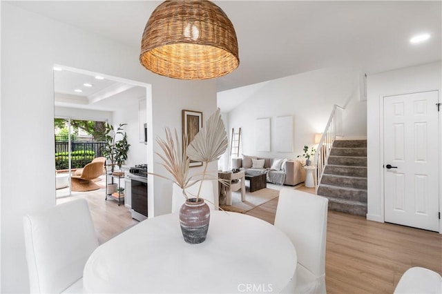 2720 E Walnut Ave Unit 10, Orange, CA 92867 - dining area featuring stairs, light wood finished floors, and recessed lighting