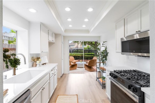 2720 E Walnut Ave Unit 10, Orange, CA 92867 - kitchen featuring stainless steel appliances, a sink, light wood-style flooring, a raised ceiling, and white cabinetry