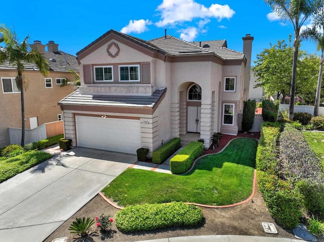 14082 Montfort Ct, San Diego, CA 92128 - view of front of home featuring an attached garage, fence, concrete driveway, stucco siding, and a chimney
