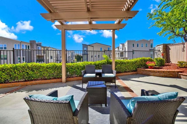 14082 Montfort Ct, San Diego, CA 92128 - view of patio / terrace featuring a pergola, a residential view, fence, and outdoor lounge area