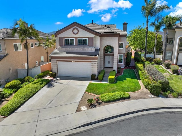 14082 Montfort Ct, San Diego, CA 92128 - traditional-style home with a garage, fence, concrete driveway, stucco siding, and a chimney