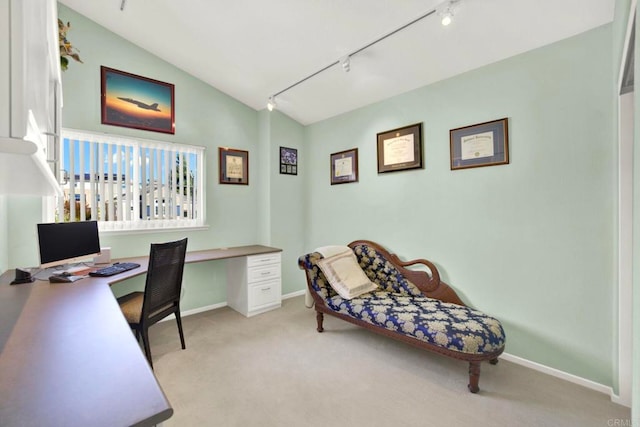 14082 Montfort Ct, San Diego, CA 92128 - office area with rail lighting, light colored carpet, baseboards, and vaulted ceiling