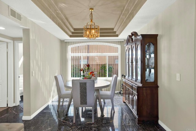 14082 Montfort Ct, San Diego, CA 92128 - dining area featuring baseboards, a chandelier, a raised ceiling, and dark marble finish floors