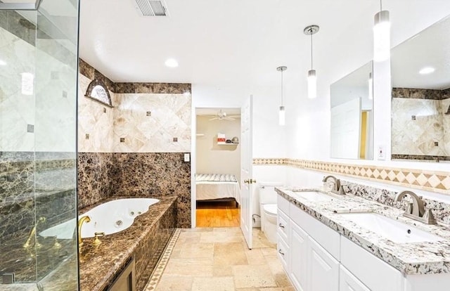 full bathroom featuring walk in shower, visible vents, a sink, and a tub with jets