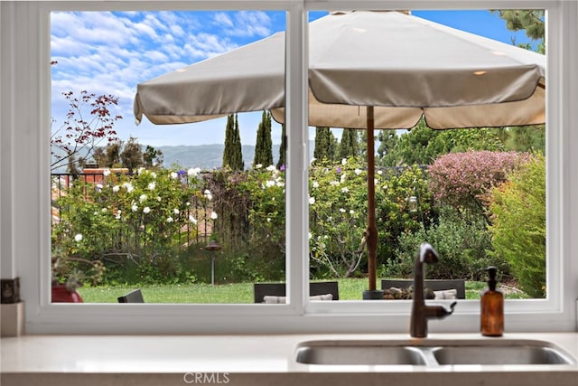 details with a sink and a mountain view
