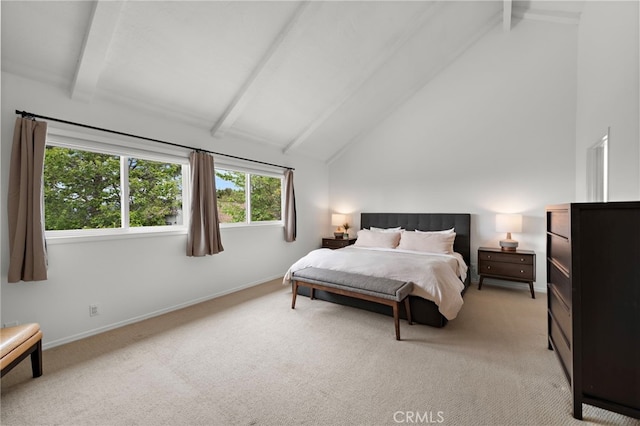 bedroom featuring beamed ceiling, high vaulted ceiling, baseboards, and light colored carpet
