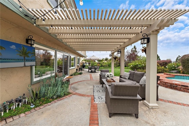view of patio / terrace with a pergola, outdoor lounge area, outdoor dining area, and a hot tub